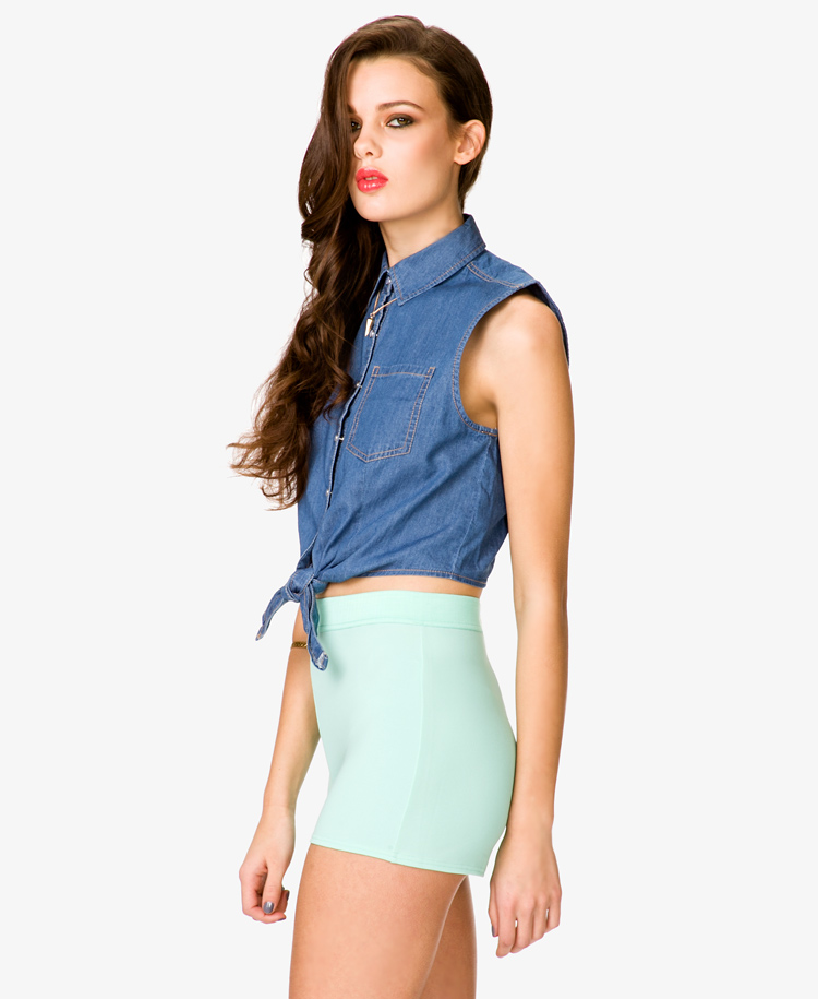 Tie-Front Sleeveless Denim Shirt 