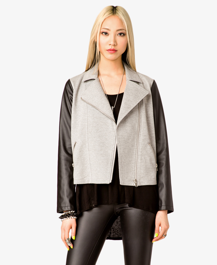 Forever 21 Faux Leather Sleeve Moto Jacket in Gray Lyst