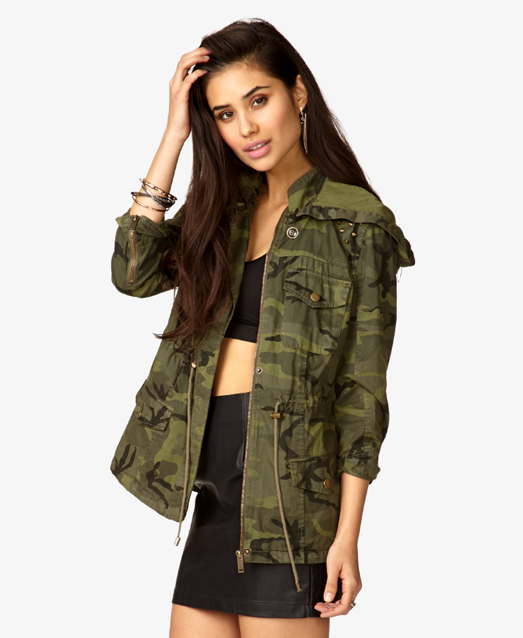 Lyst - Forever 21 Hooded Spiked Camo Jacket in Green