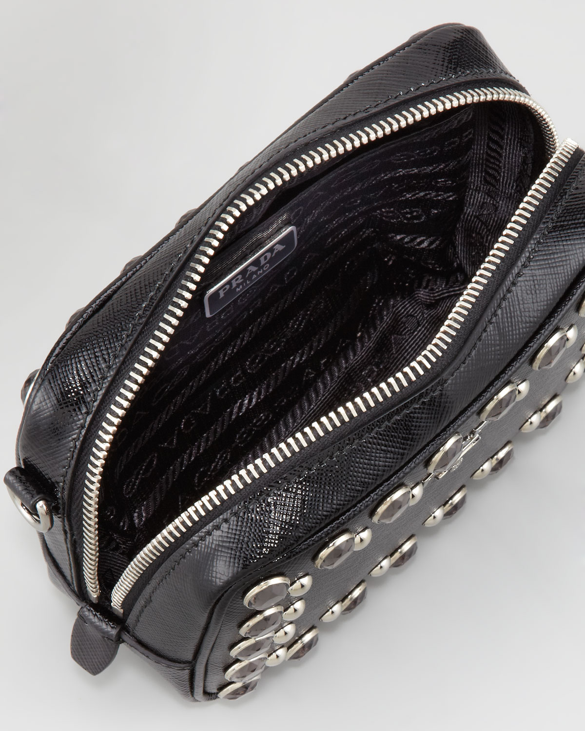 Prada Saffiano Studded Mini Zip Crossbody Bag in Black - Lyst