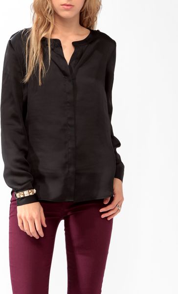 Forever 21 Satin Button Up Blouse in Black | Lyst