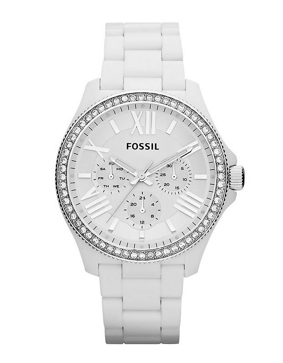 Fossil Ladies Cecile Stainless Steel Crystal Chronograph Watch in White ...