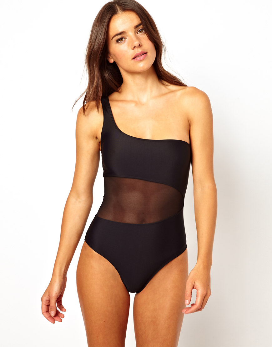 one shoulder mesh swimsuit