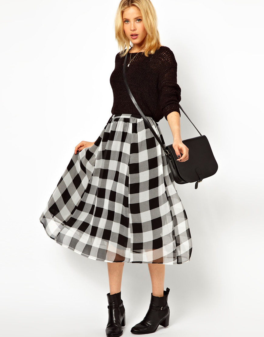 Lyst - Asos Midi Skirt in Check Print in Black