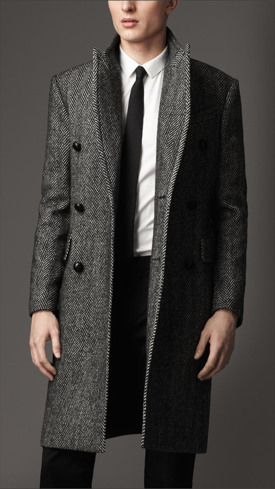 Burberry Herringbone Lambswool Coat in Gray for Men