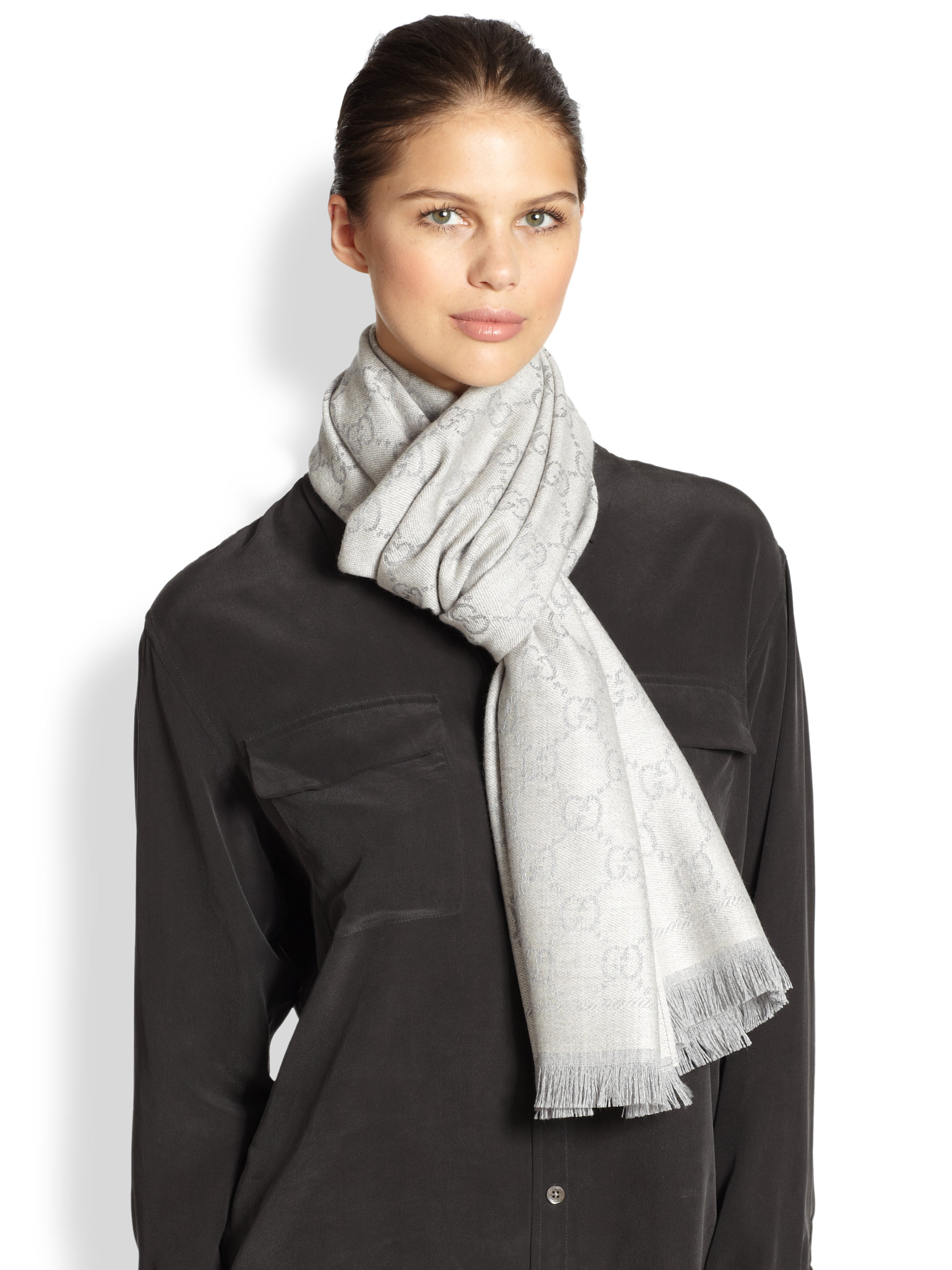 Gg Jacquard Pattern Knitted Scarf Grey