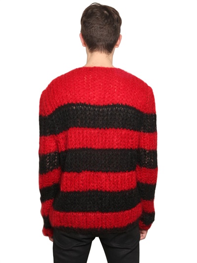 Saint Laurent Striped Mohair Wide Knit Sweater in Red/Black (Red 