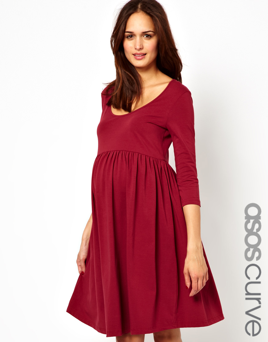 Lyst - Asos Asos Maternity Skater Dress with Scoop Neck 3/4 Sleeves in Red