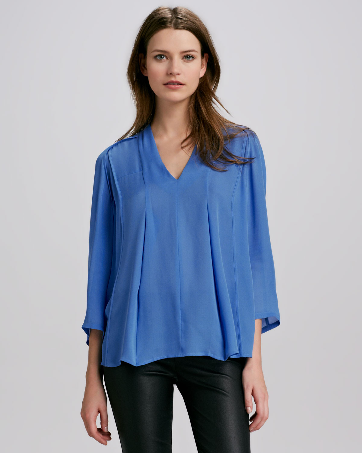 Halston heritage Silk V-neck Blouse in Blue (mdnt cscdng st pr) | Lyst