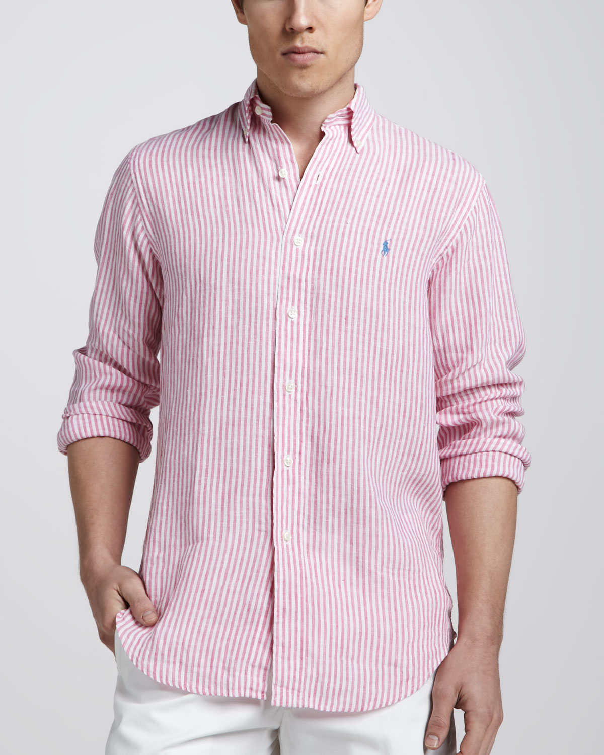 Lyst - Polo Ralph Lauren Striped Linen Sport Shirt in Pink for Men