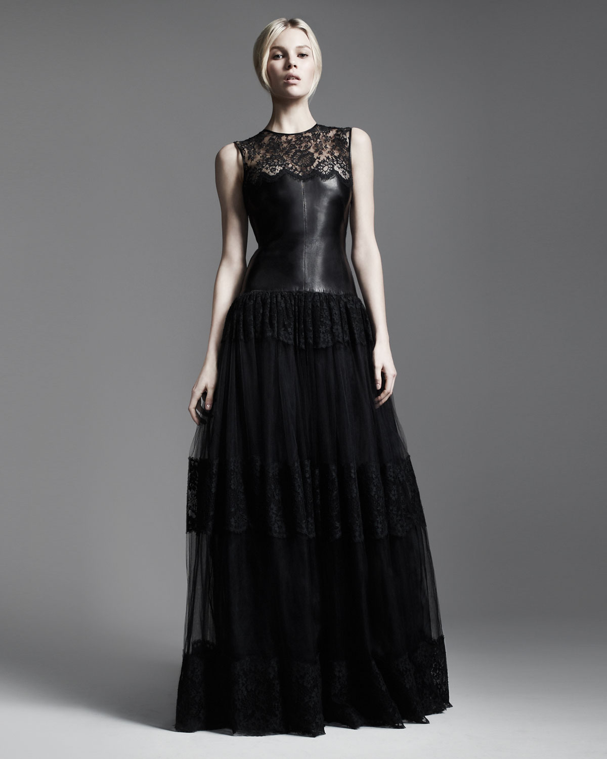 Lyst Valentino Leather Lace Gown in Black