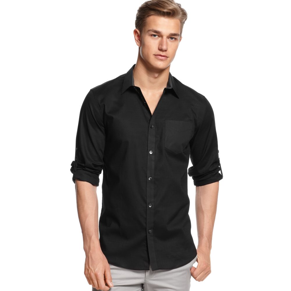 Calvin Klein Long Sleeve Button Front Mixed Media Shirt in Black for ...