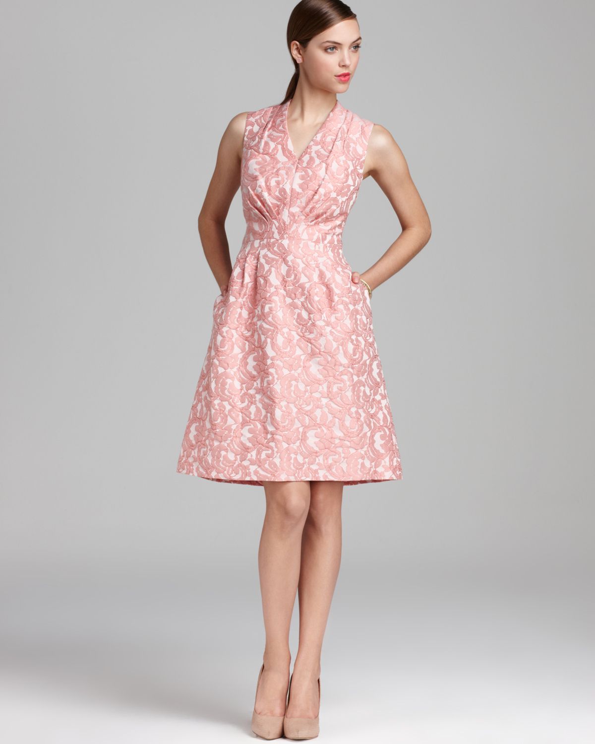 Adrianna Papell Jacquard Dress Sleeveless Fit and Flare in Pink | Lyst