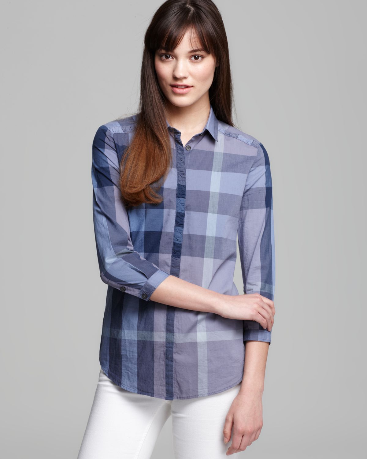 Burberry Brit Ruched Button Down Shirt in Blue - Lyst
