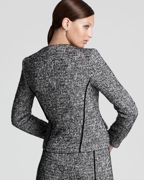 Dkny Tweed Collarless Jacket with Piping in Gray (black/white) | Lyst