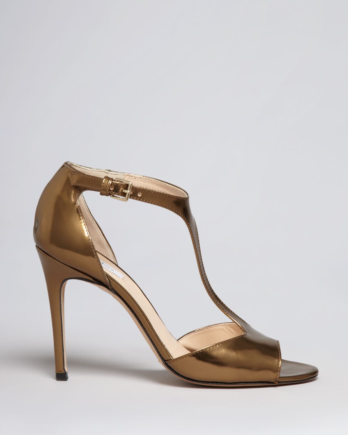 Max Mara Peep Toe T Strap Sandals Camice High Heel in Gold (Metallic ...