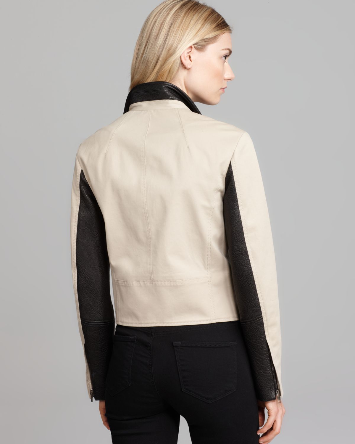 Theory Leather Combo Jacket Velea Clovis in Beige (oak/black) Lyst