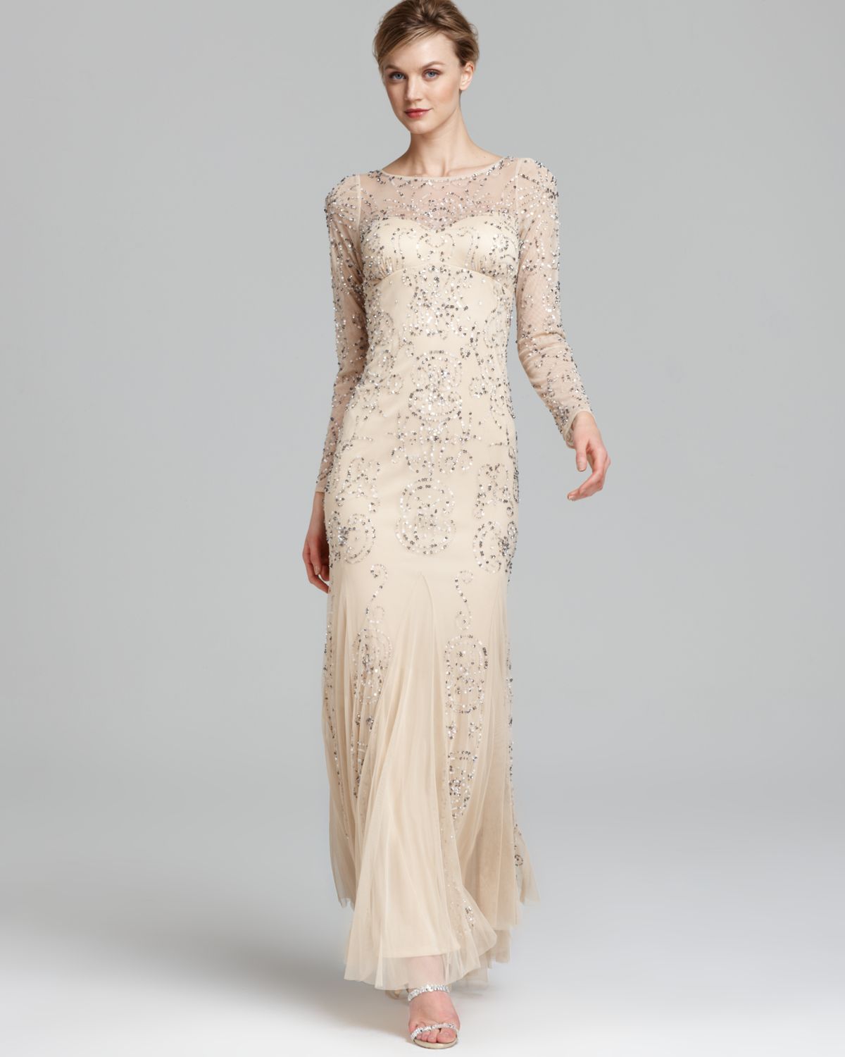 Adrianna papell Beaded Gown Long Sleeve in Natural - Lyst