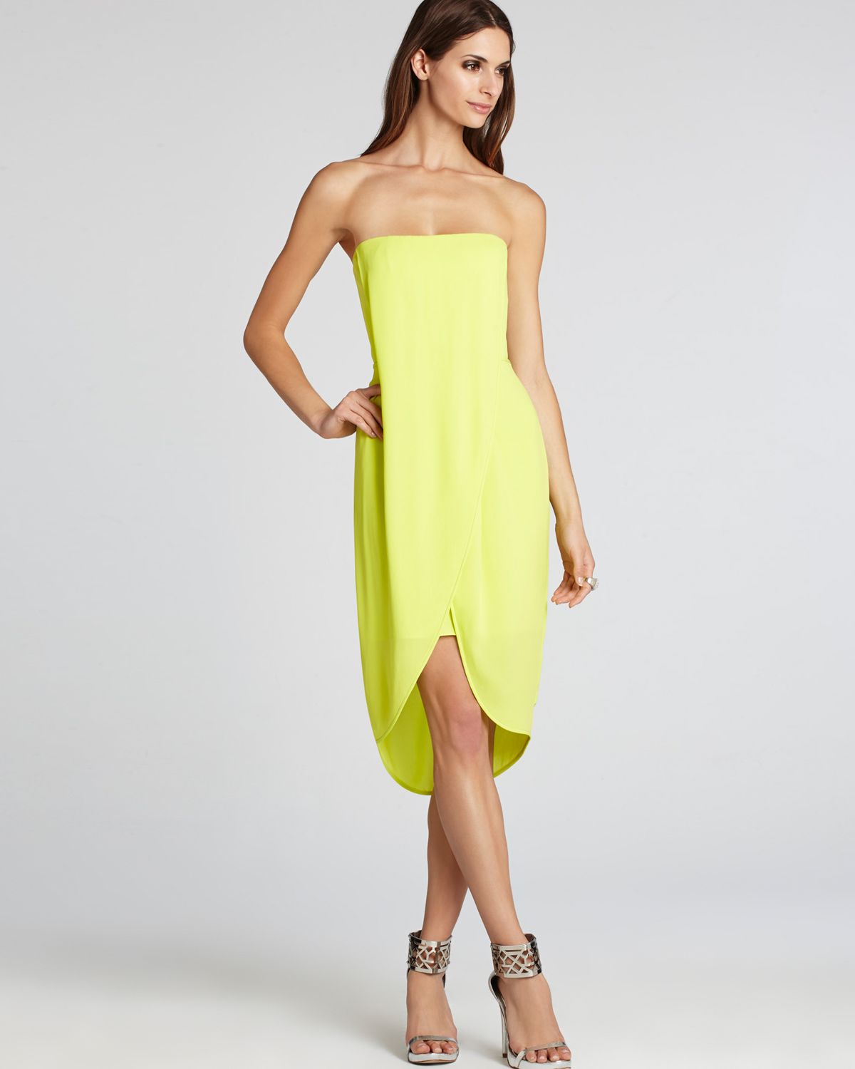 neon yellow strapless dress