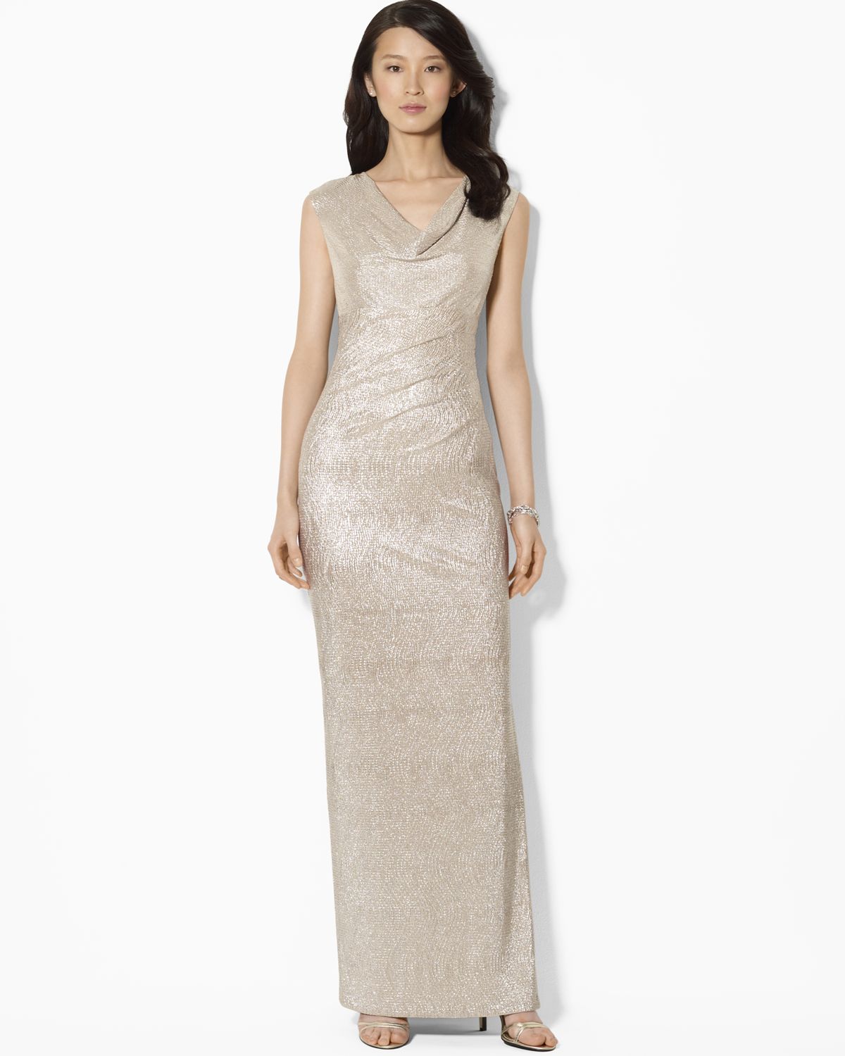 Ralph Lauren Lauren Cap Sleeve Metallic Cowl Neck Gown | Lyst