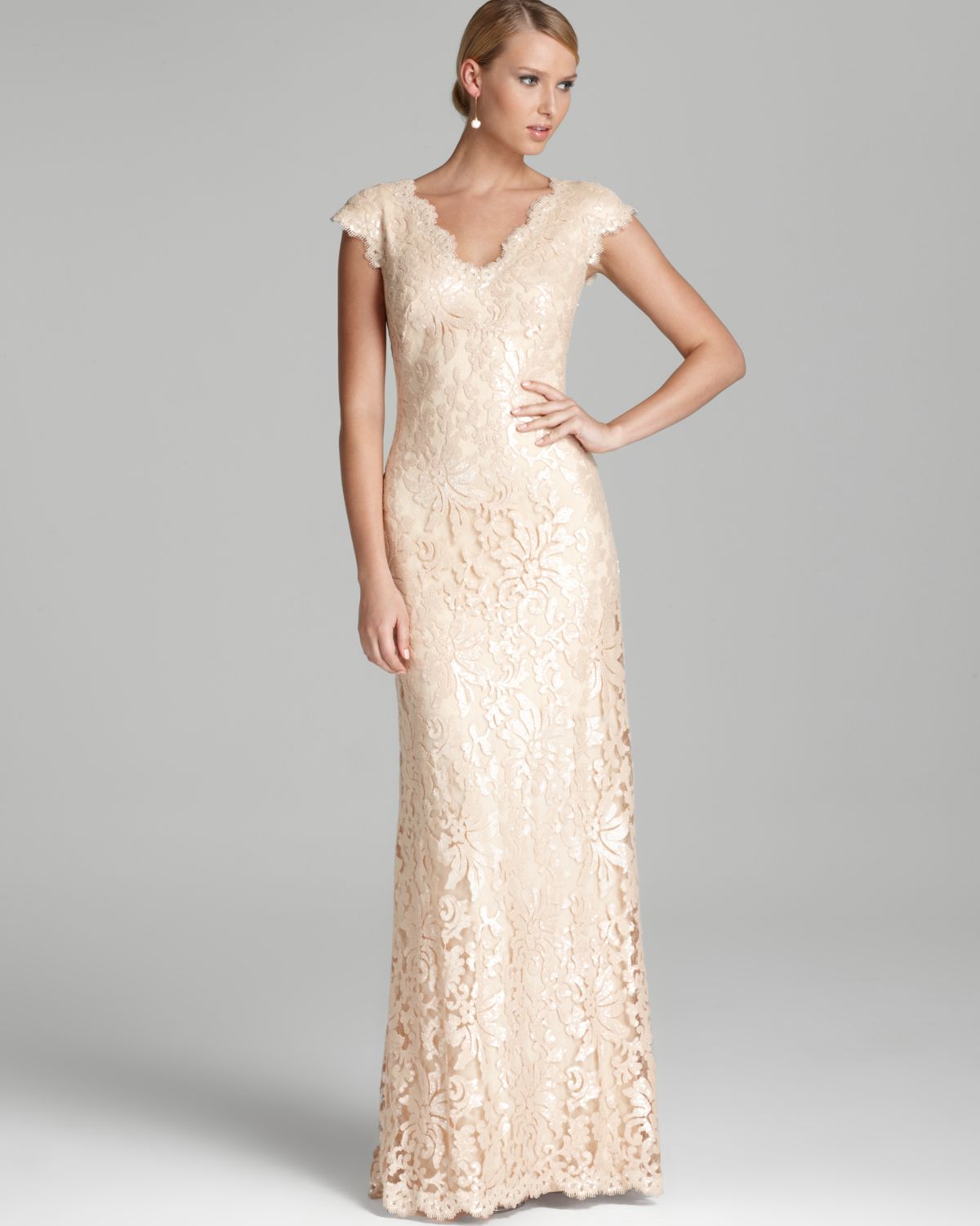 Tadashi Shoji Lace Gown Cap Sleeve V Neck Sequin in White | Lyst