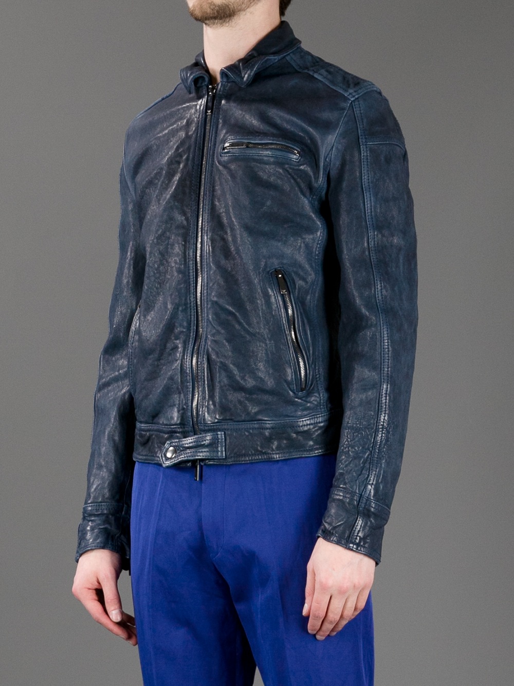 Emporio Armani Cropped Leather Jacket in Blue for Men | Lyst