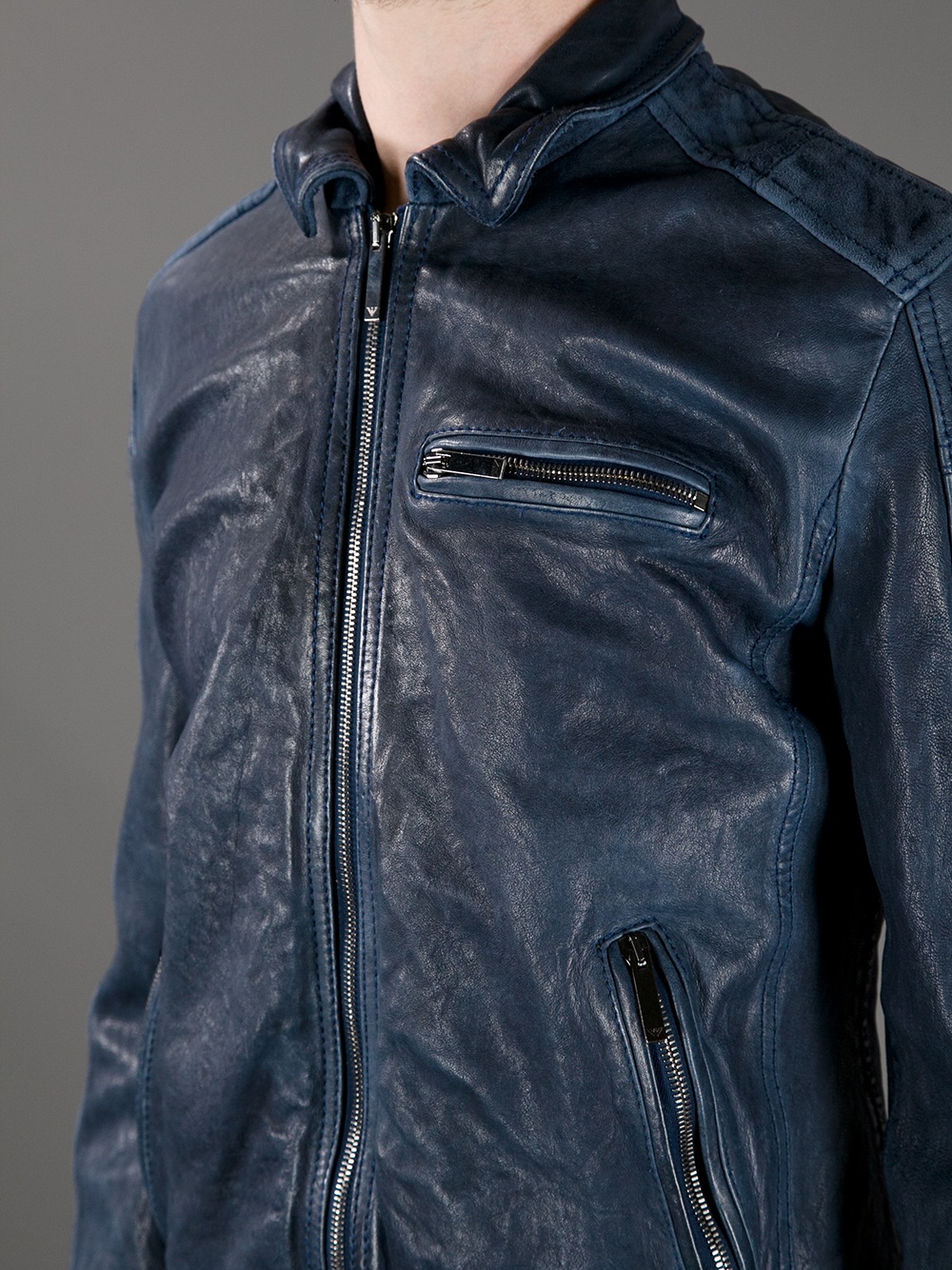 Emporio Armani Cropped Leather Jacket in Blue for Men | Lyst