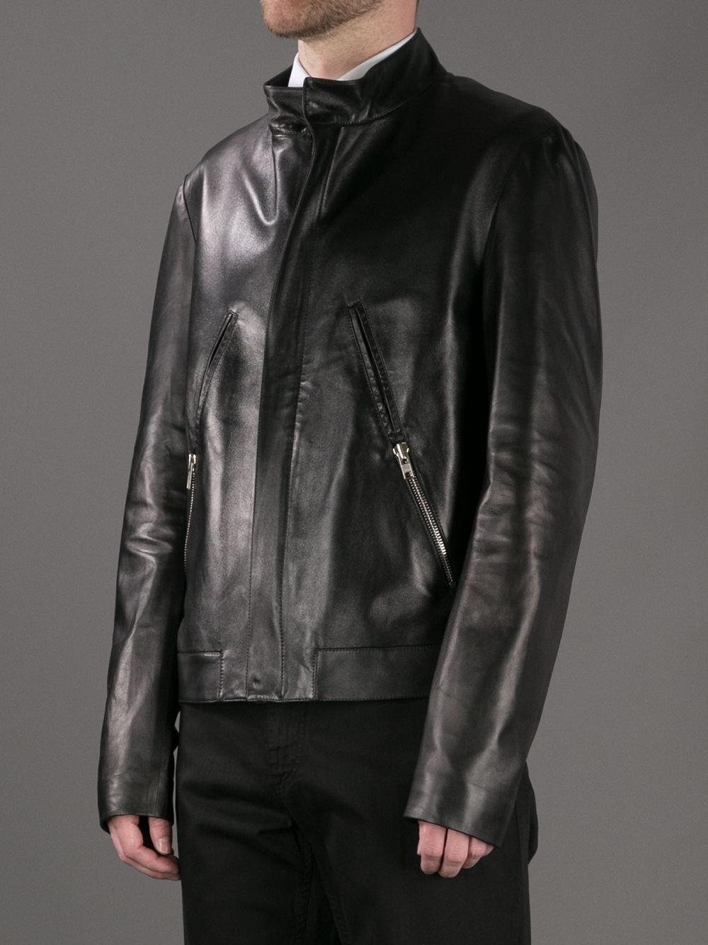 Mens Funnel Neck Leather Biker Jacket Photos
