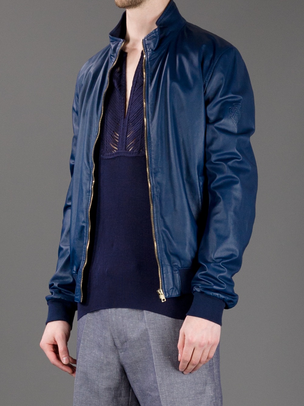 Gucci Leather Bomber Jacket in Blue for Men | Lyst