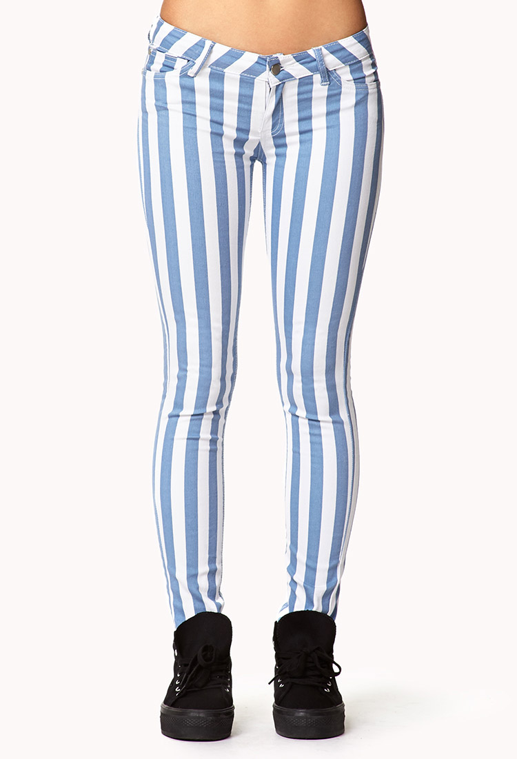 blue and white striped skinny jeans