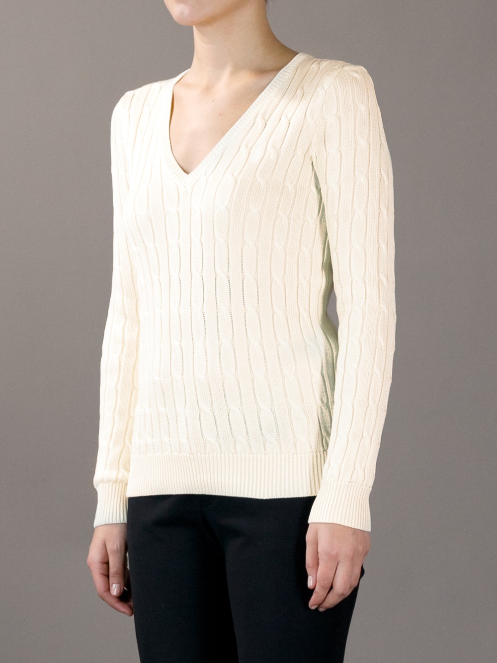 Ralph Lauren V-neck Cable Knit Sweater in Cream (Natural) - Lyst