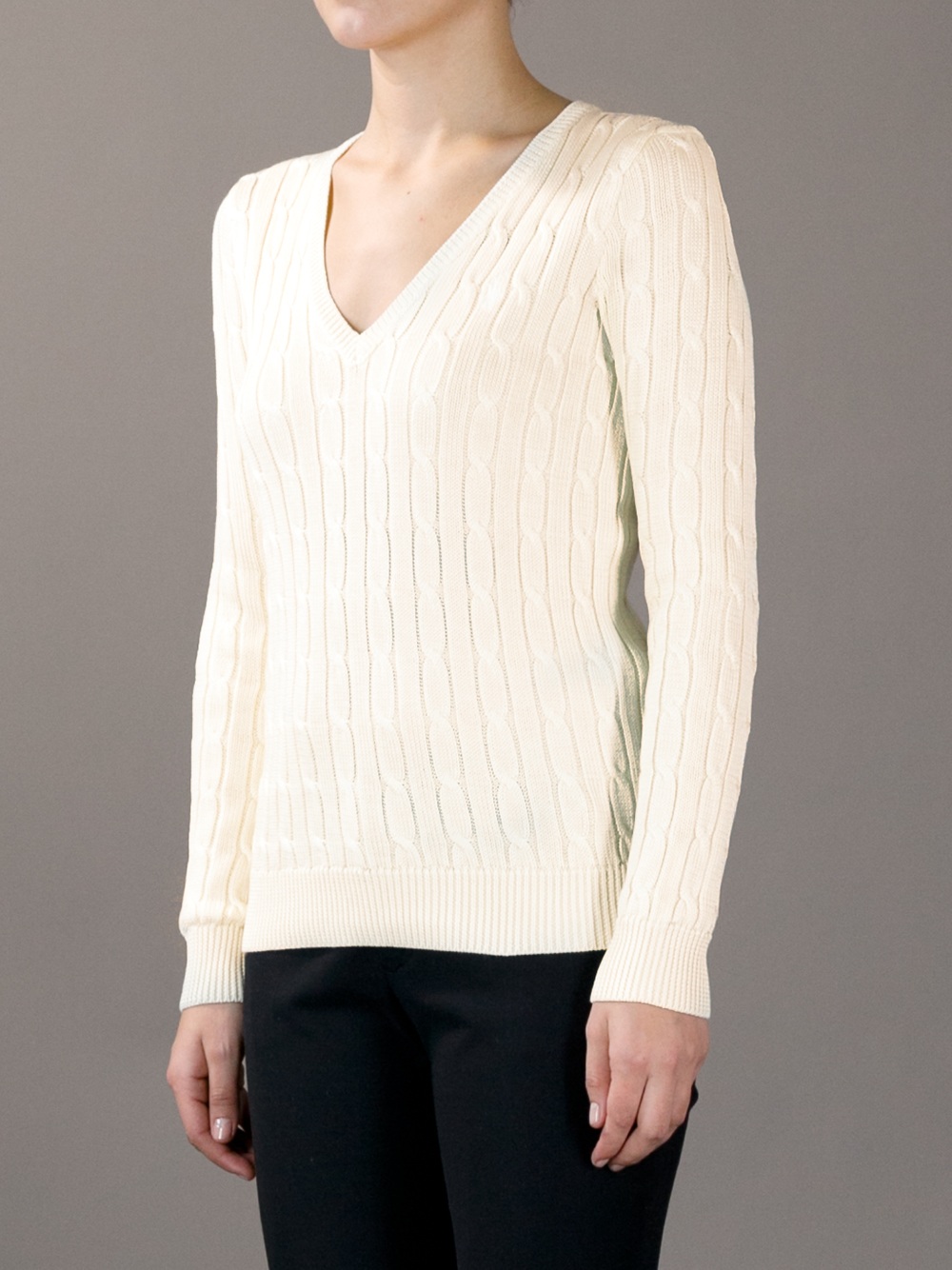 cream v neck cable knit sweater