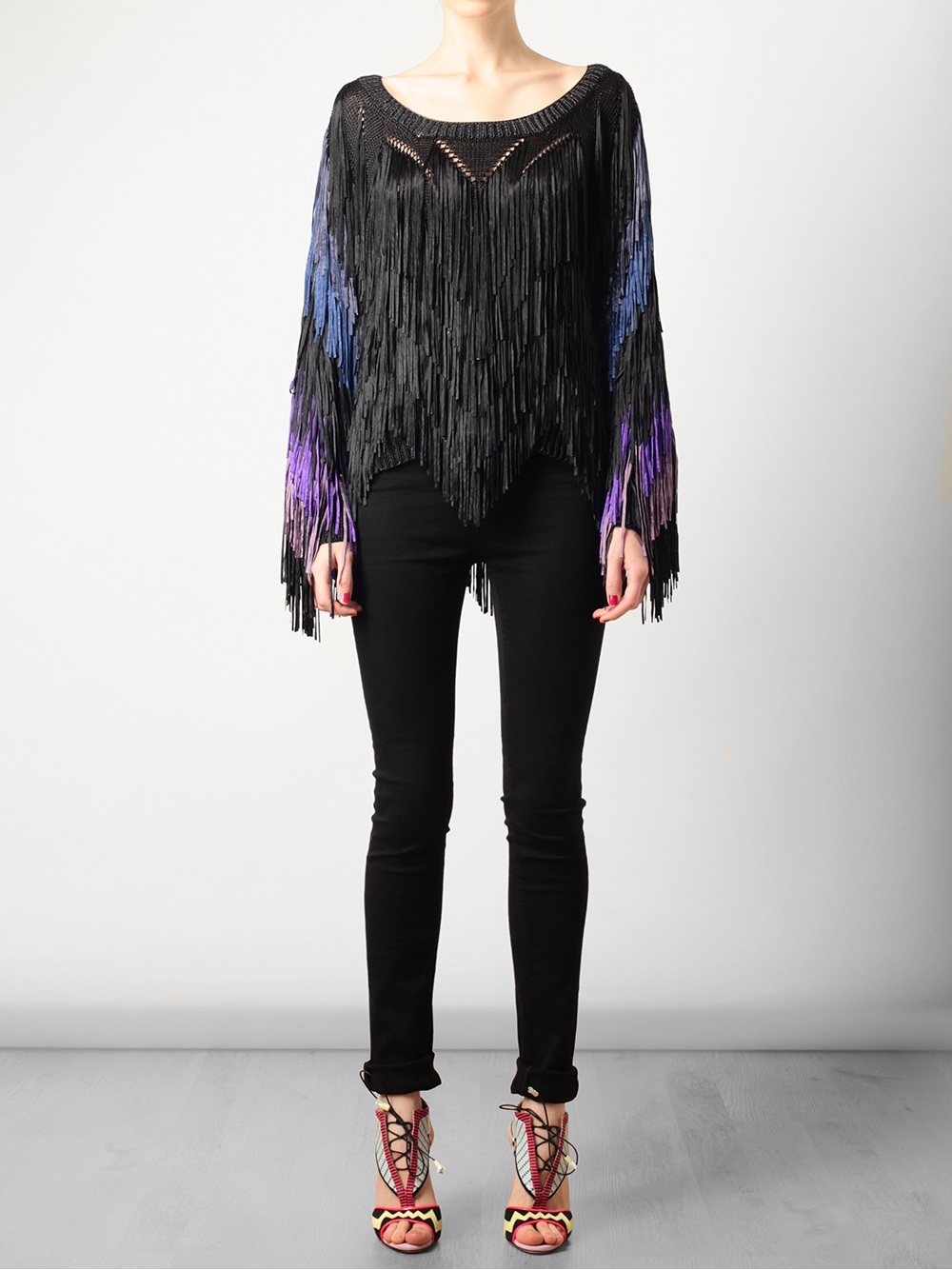 Tim Ryan Full Handfringed Knit Sweater In Black Blue Lyst
