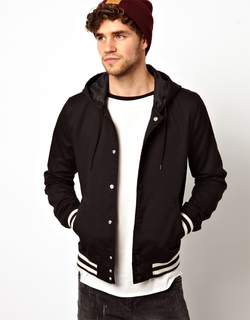 Asos Varsity Jacket with Hood in Black for Men | Lyst