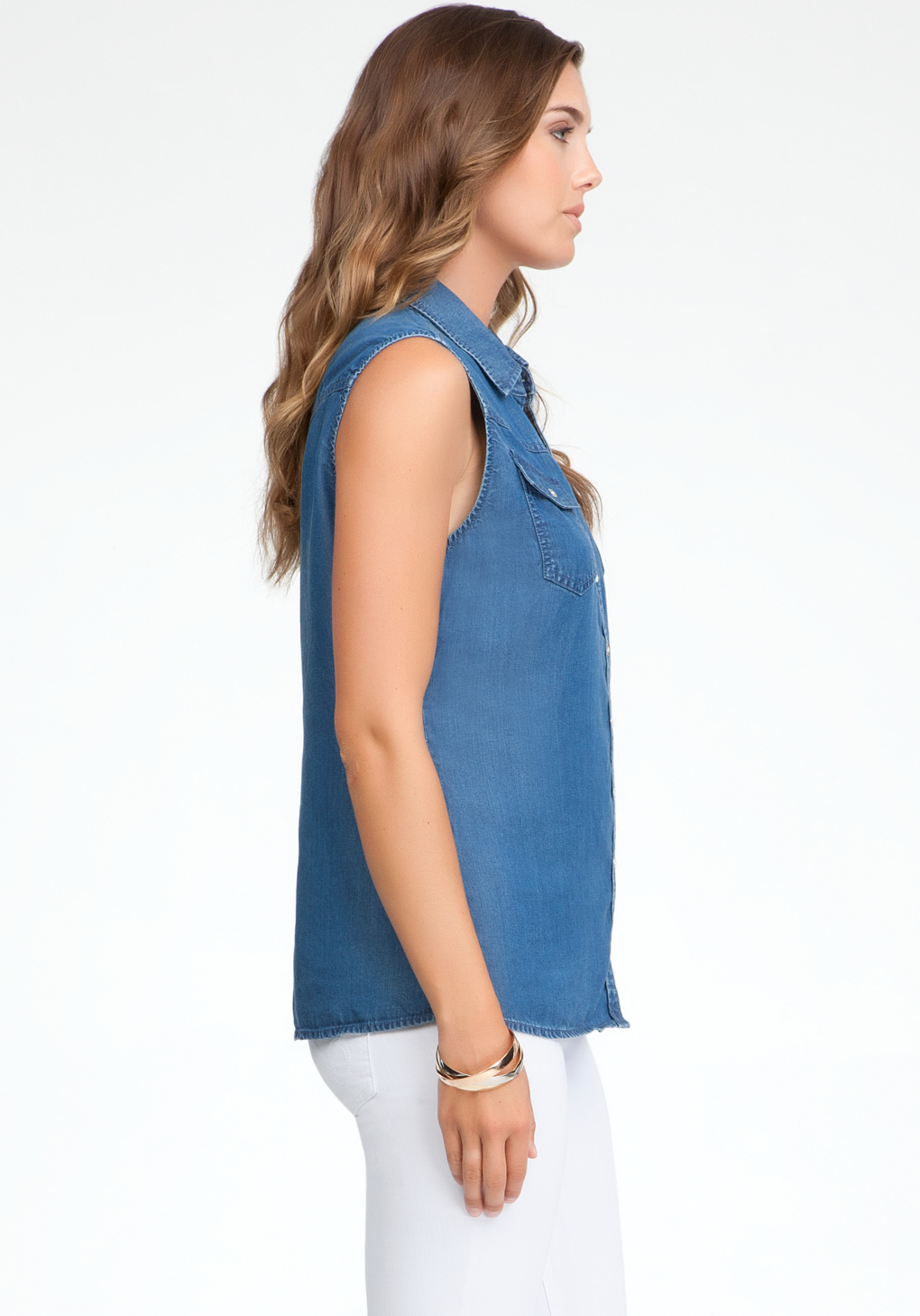 Bebe Sleeveless Denim Shirt in Blue | Lyst