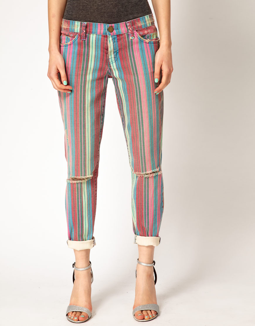 multi colored striped jeans