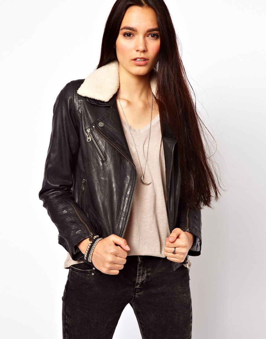 Doma Leather Black Soft Biker Jacket With Shearling Collar
