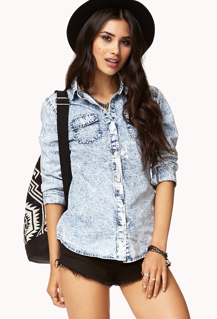 Acid wash denim shirt womens Clearance