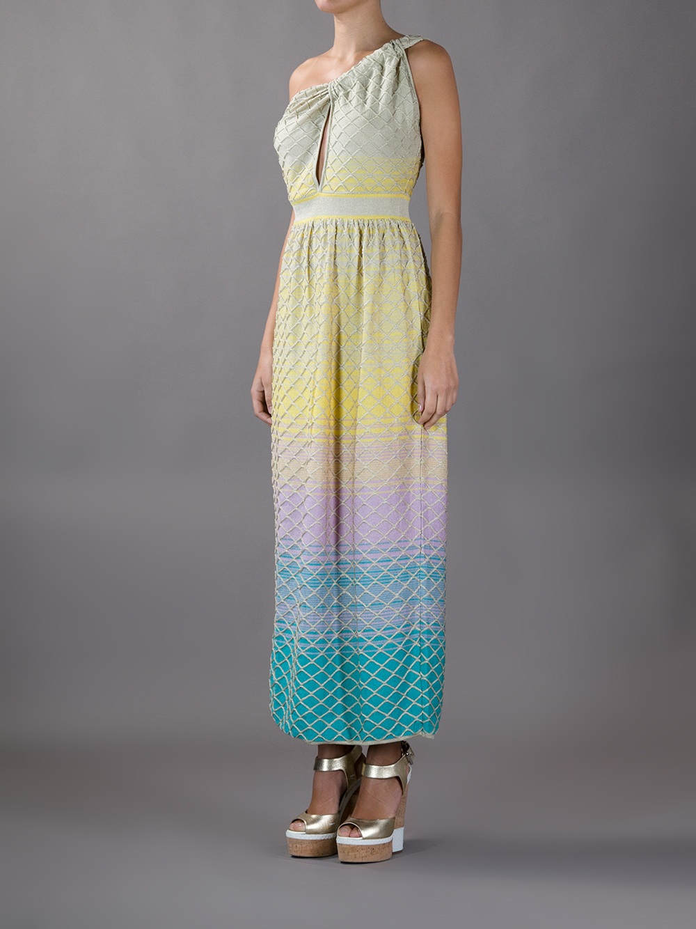 M Missoni One Shoulder Knit Dress in Yellow Lyst