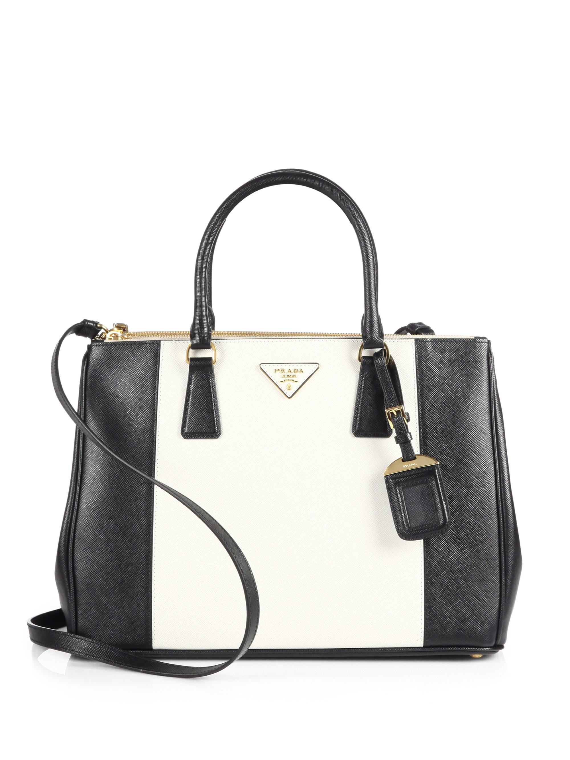 prada leather handbags - Prada Saffiano Bicolor Double Zip Tote in White (BLACK WHITE) | Lyst