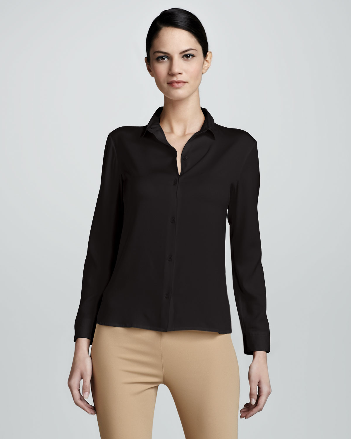The row Fitted Button-Up Georgette Blouse in Black | Lyst