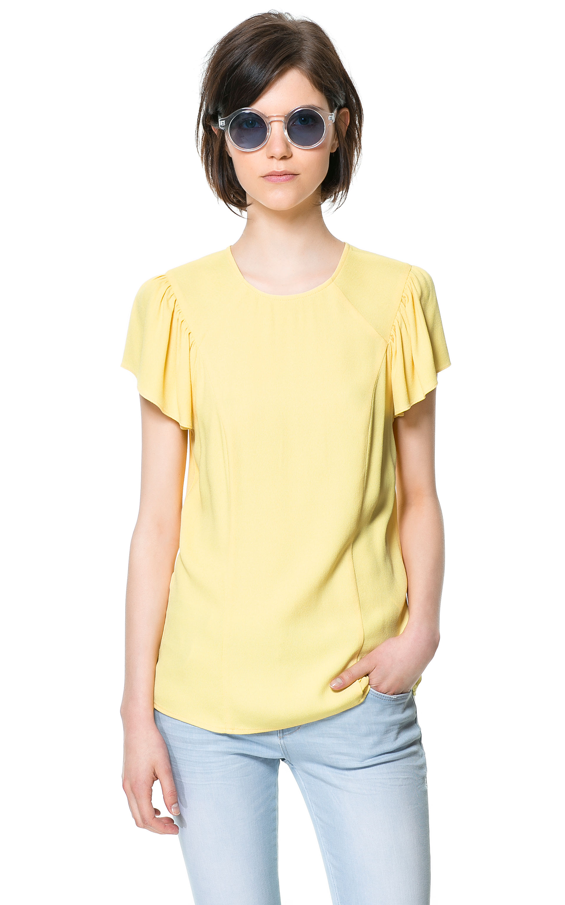Zara Top with Frilled Sleeves in White (Yellow) Lyst