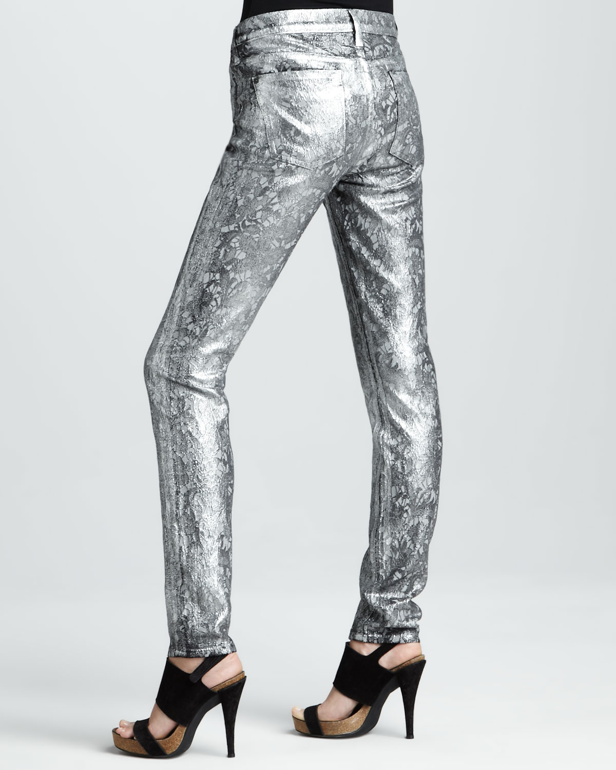 Lyst - 7 For All Mankind Silver Metallic Jacquard Skinny Jeans in Metallic