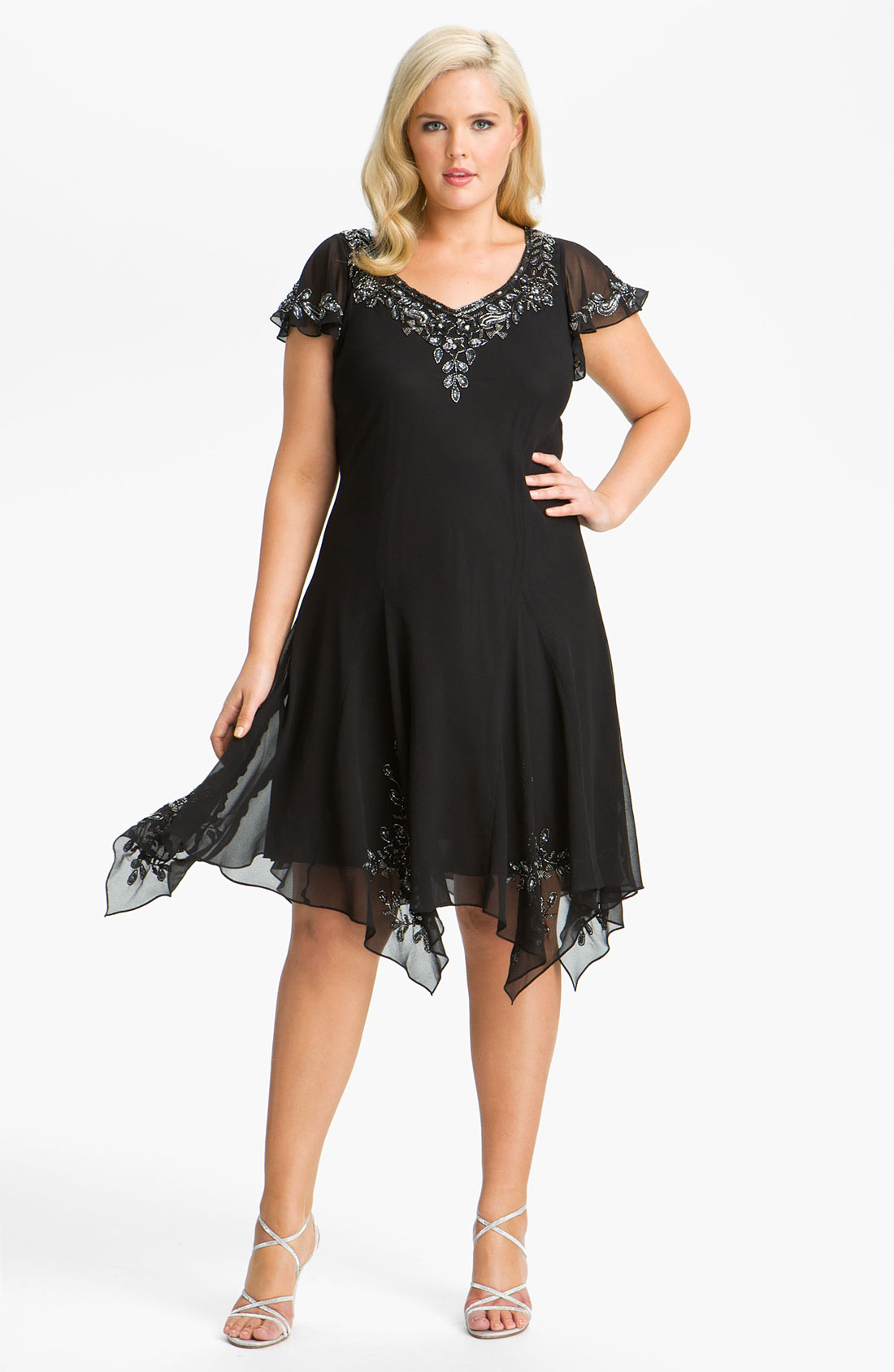 J Kara Beaded Flutter Sleeve Chiffon Dress In Black Black Mercury Lyst