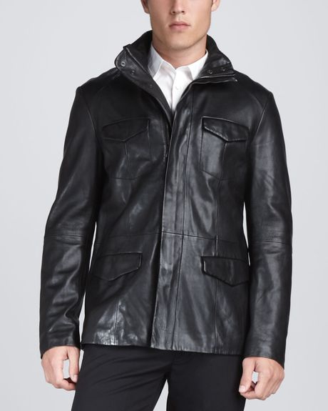 John Varvatos Leather Military Jacket in Black for Men | Lyst