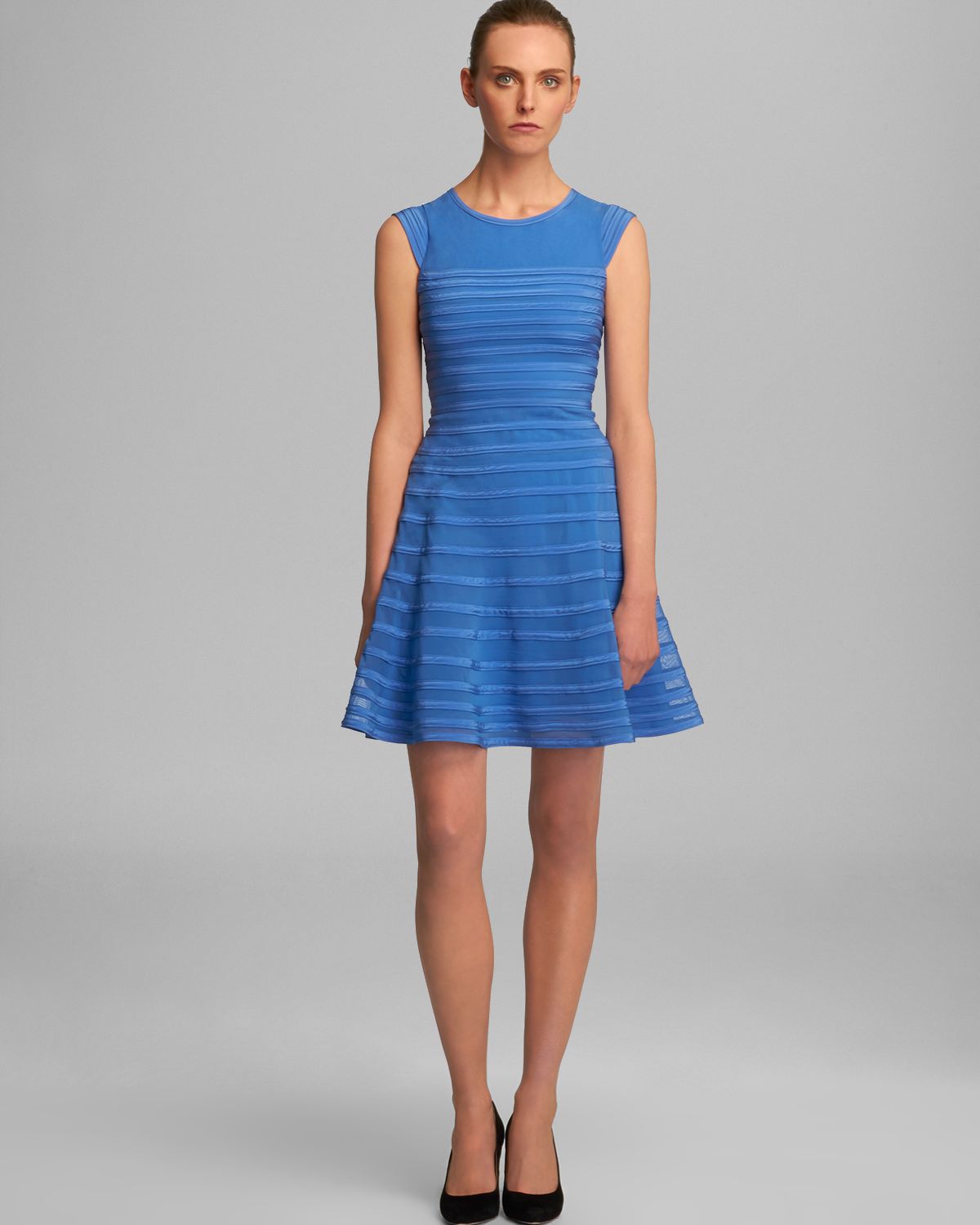 Halston Flare Skirt Dress Cap Sleeve in 