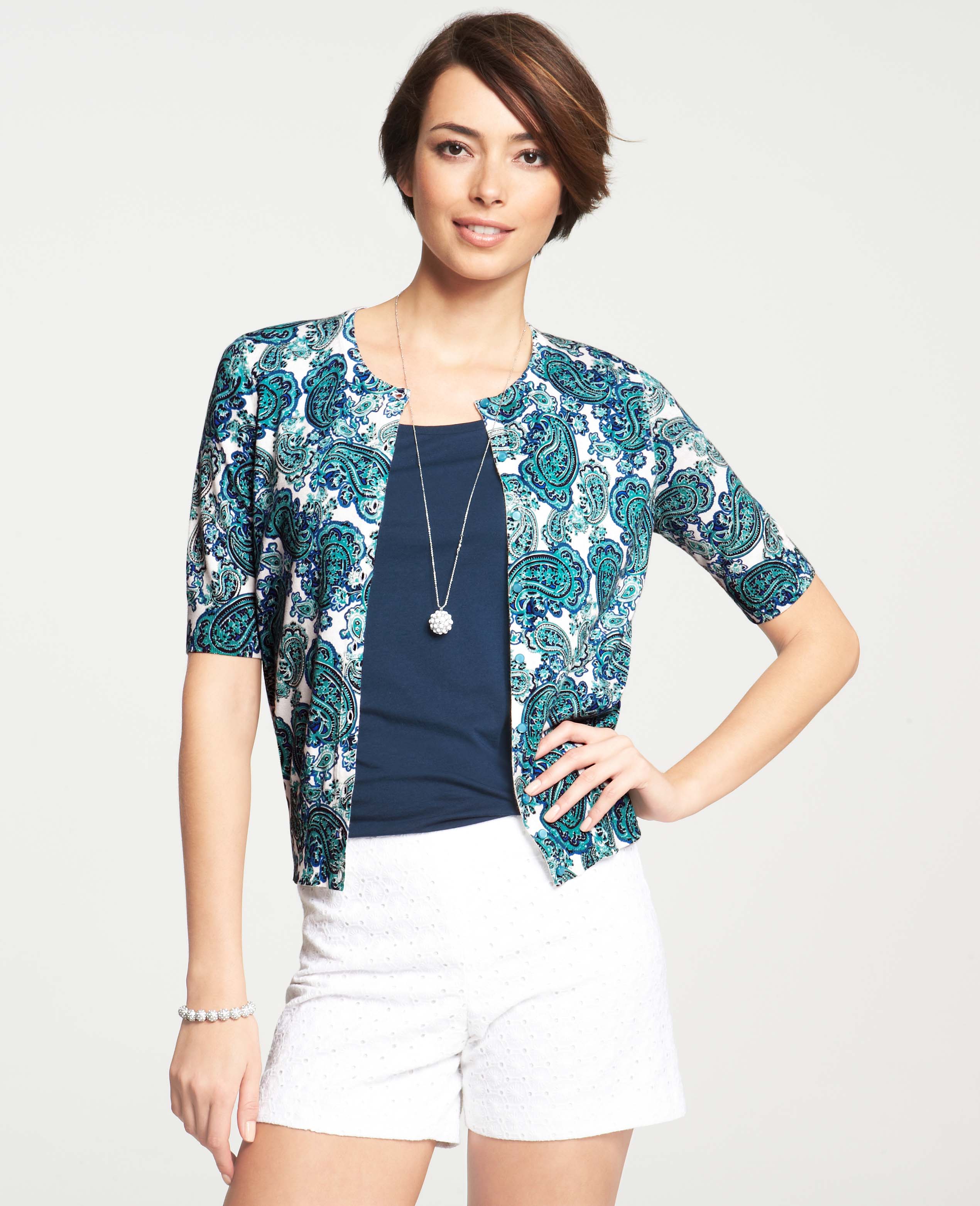 Ann taylor Paisley Crew Neck Short Sleeve Cardigan in Blue (Scuba Blue