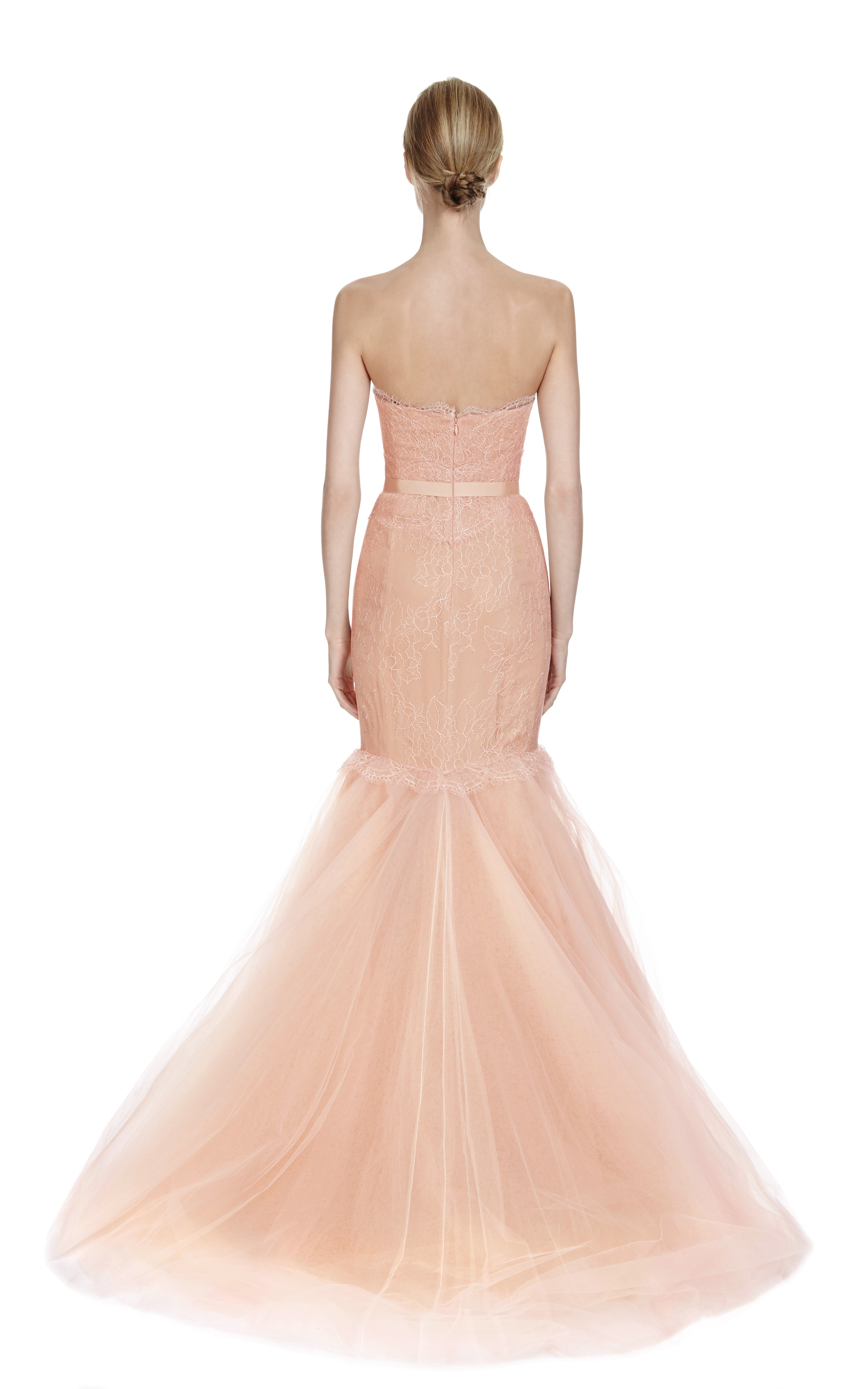 Marchesa Chantilly Lace Corset Gown with Full Fishtail Tulle Skirt in Pink (Blush) | Lyst