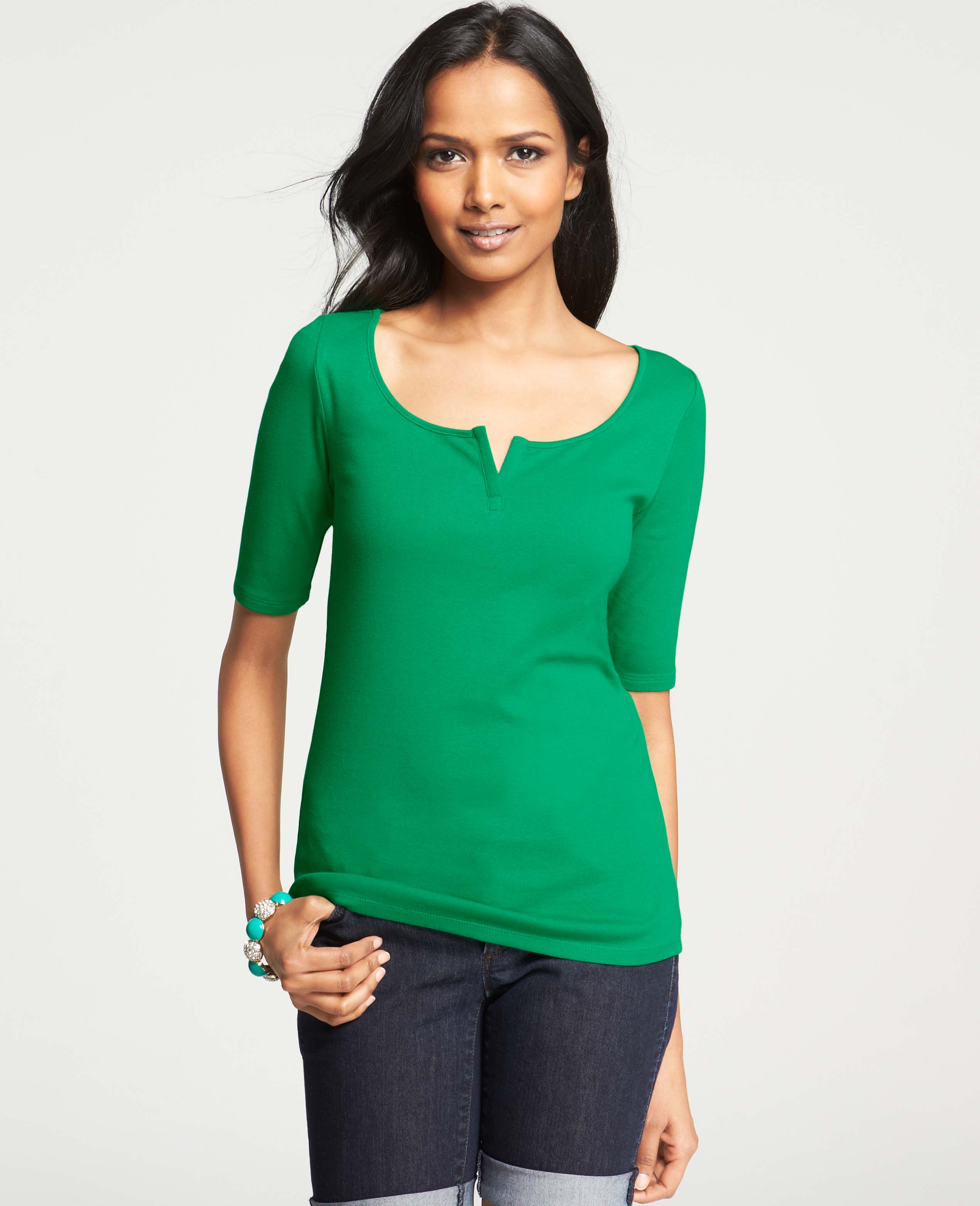 Ann taylor Notched Neck Cotton Tee in Green (Green Line) Lyst