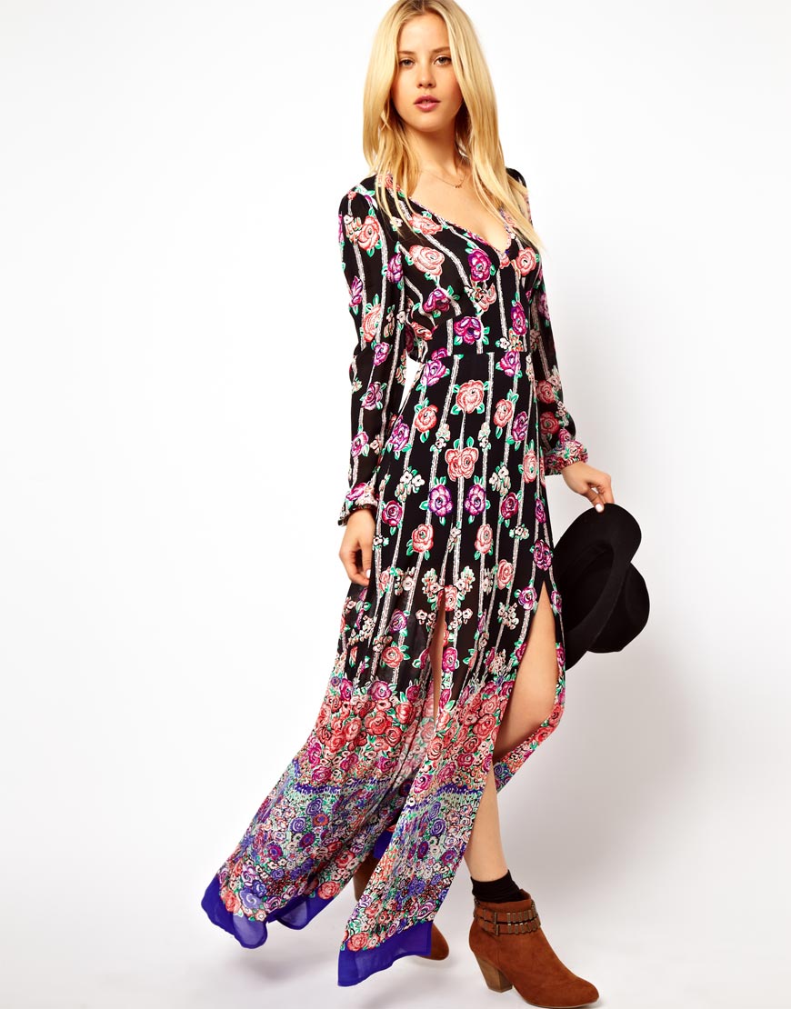 ASOS Maxi Dress with 70s Floral Boarder and Cut Out Back - Lyst